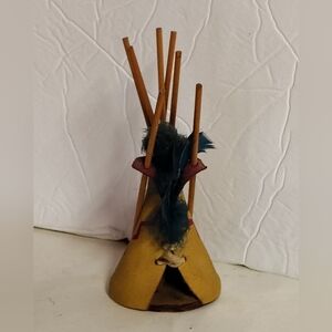 Native American Indian Teepee Leather Handmade 70's Feathers 6"